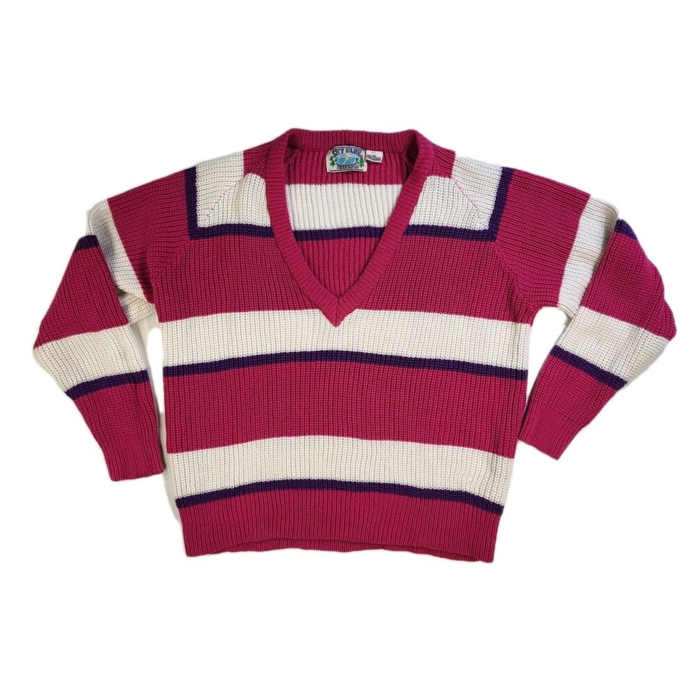 Vtg V-Neck Pink White Striped Sweater Women M Retro Sky Blue Waters Acrylic 80s